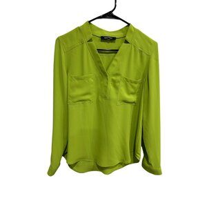 Nine West Womens Lime Green Long Sleeve Blouse V Neck Chest Pockets Size M